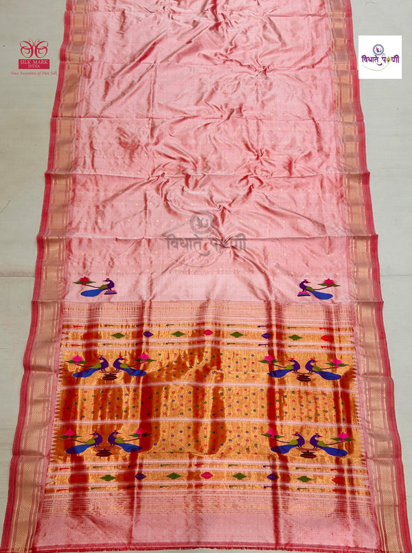 Handloom Pure Silk Paithani Saree - Designer Pallu - Pastel Red