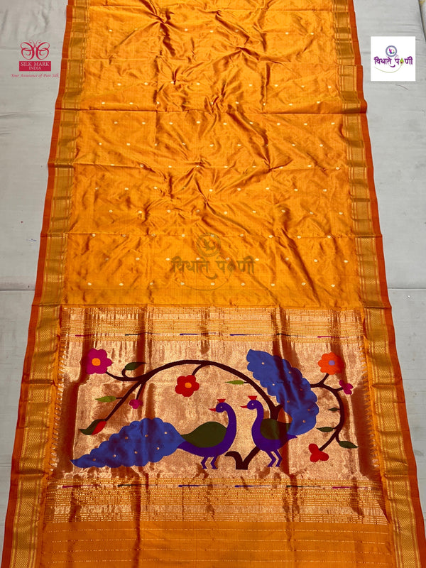 Handloom Pure Silk Paithani Saree - Designer Pallu - Mango