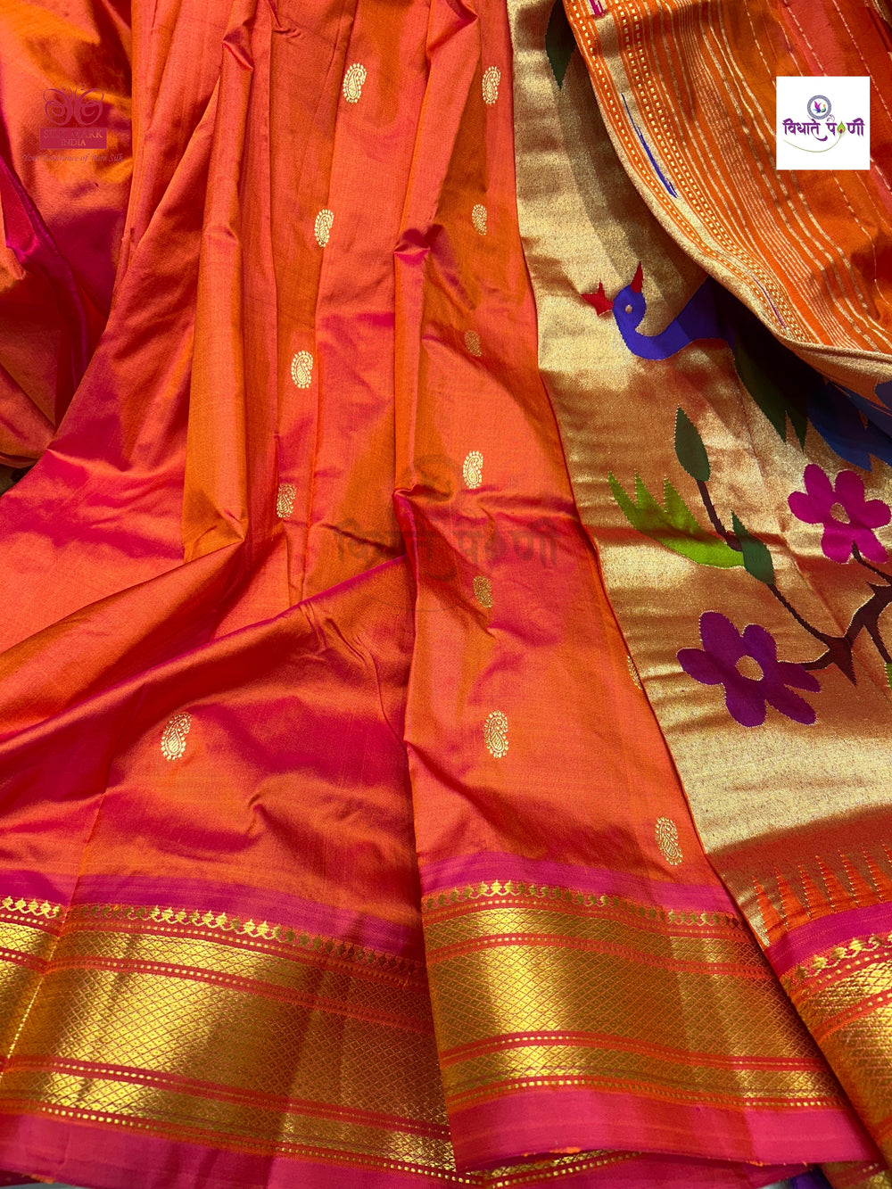Handloom Pure Silk Paithani Saree - Designer Pallu - Orange-Pink Mix