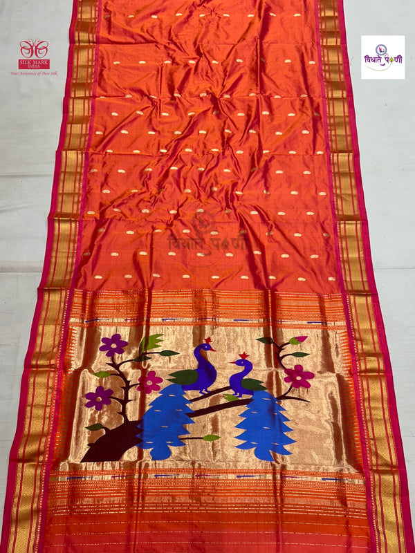 Handloom Pure Silk Paithani Saree - Designer Pallu - Orange-Pink Mix