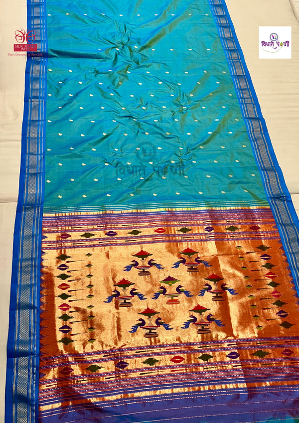 Handloom Pure Silk Double Pallu Paithani Saree - Sea Blue