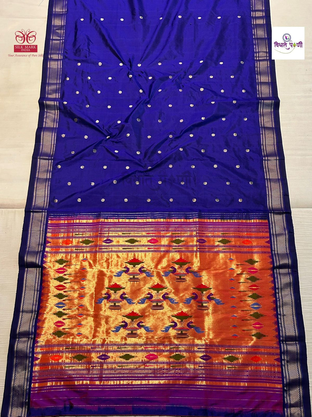 Handloom Pure Silk Double Pallu Paithani Saree - Blue