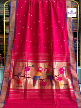 Handloom Pure Cotton Paithani Saree- Parrot Pallu — full saree draped and laid flat — Vidhate Paithani, Yeola