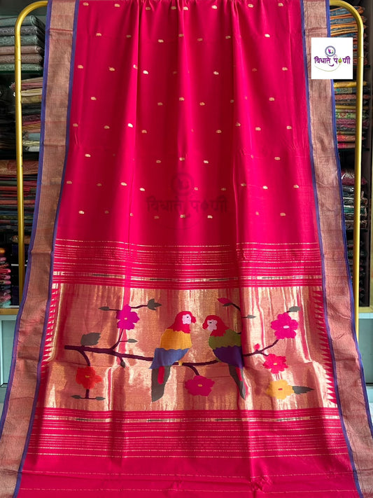 Handloom Pure Cotton Paithani Saree- Parrot Pallu
