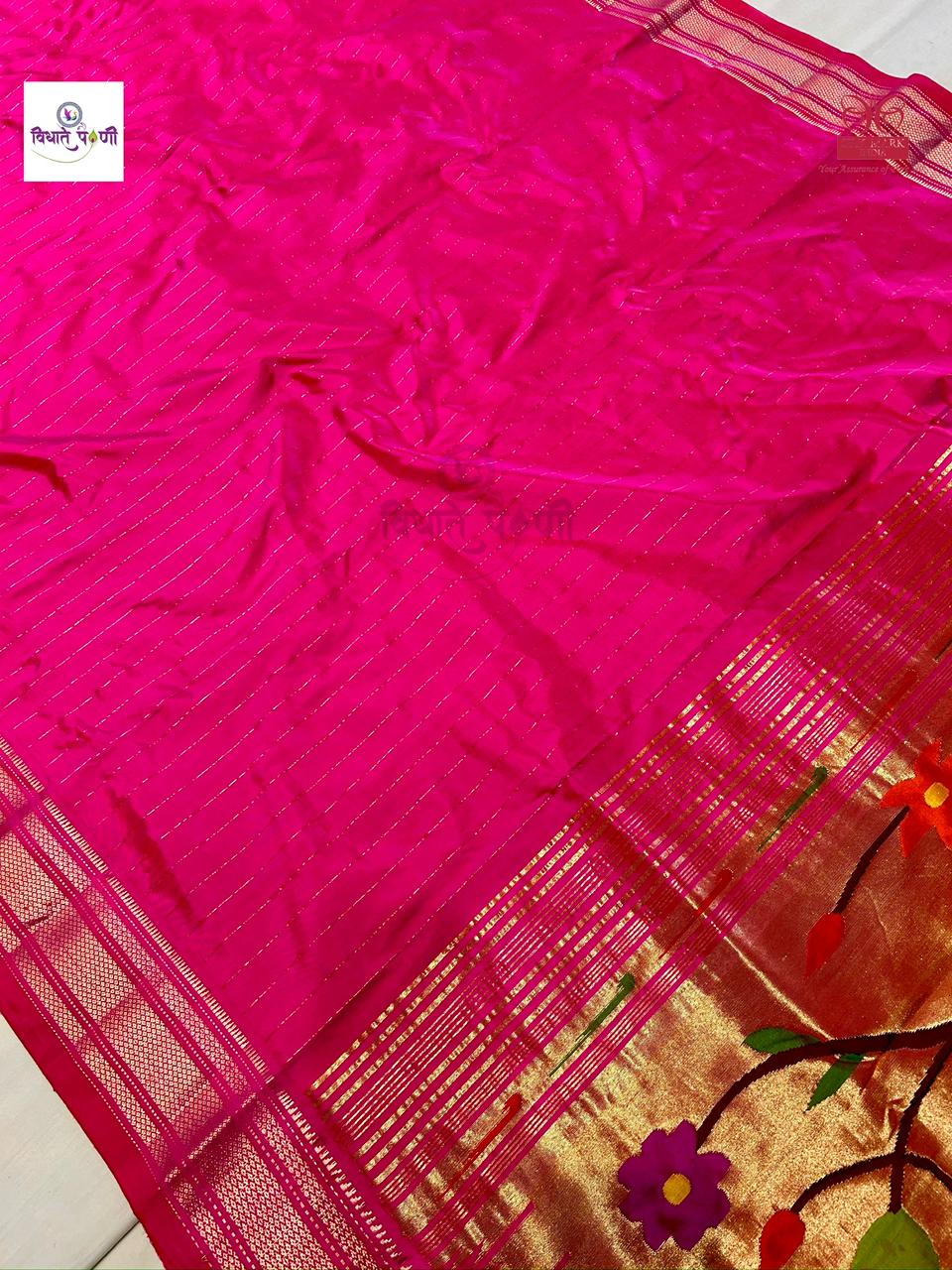 Handloom Pure Silk Stripes Paithani Saree - Designer Pallu - Hot Pink