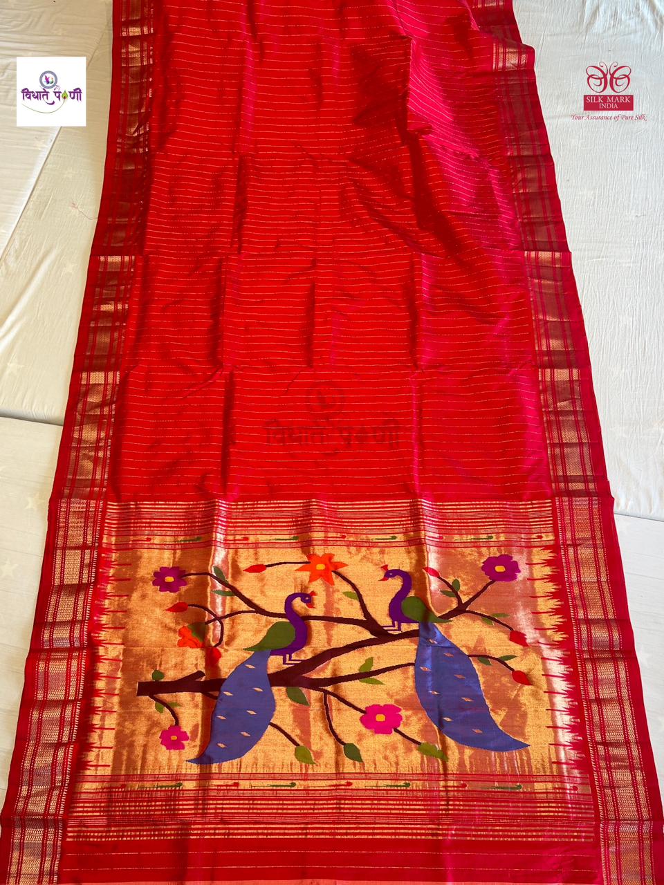 Handloom Pure Silk Stripes Paithani Saree - Designer Pallu - 1