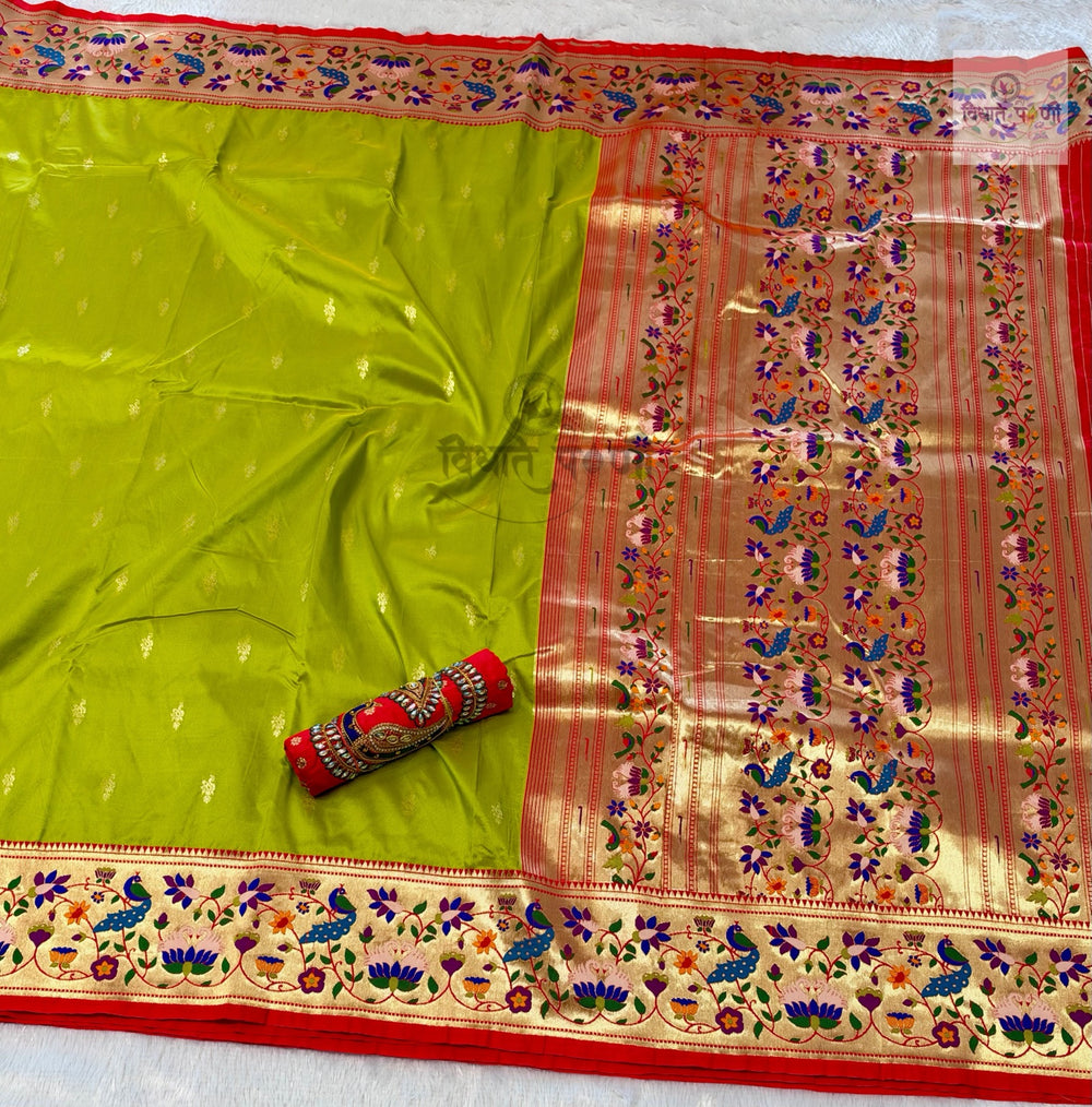 Rajhauns Semi Paithani Saree in Lime Green with gold floral pallu and designer red Aari work blouse