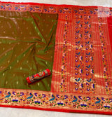 Rajhauns Semi Paithani Saree in Olive Green with gold floral pallu and designer red Aari work blouse
