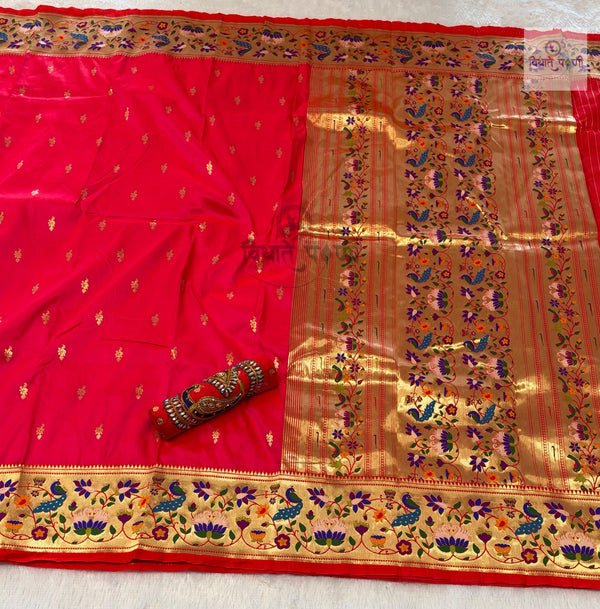 Rajhauns Semi Paithani Saree in Rani Pink with gold floral pallu and designer red Aari work blouse
