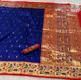 Rajhauns Semi Paithani Saree in Royal Blue with gold floral pallu and designer red Aari work blouse