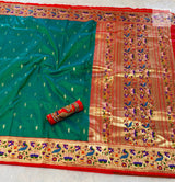 Rajhauns Semi Paithani Saree in Teal Green with gold floral pallu and designer red Aari work blouse